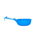 Bright blue plastic gorilla feed scoop with handle for easy measuring from red gorilla feed line