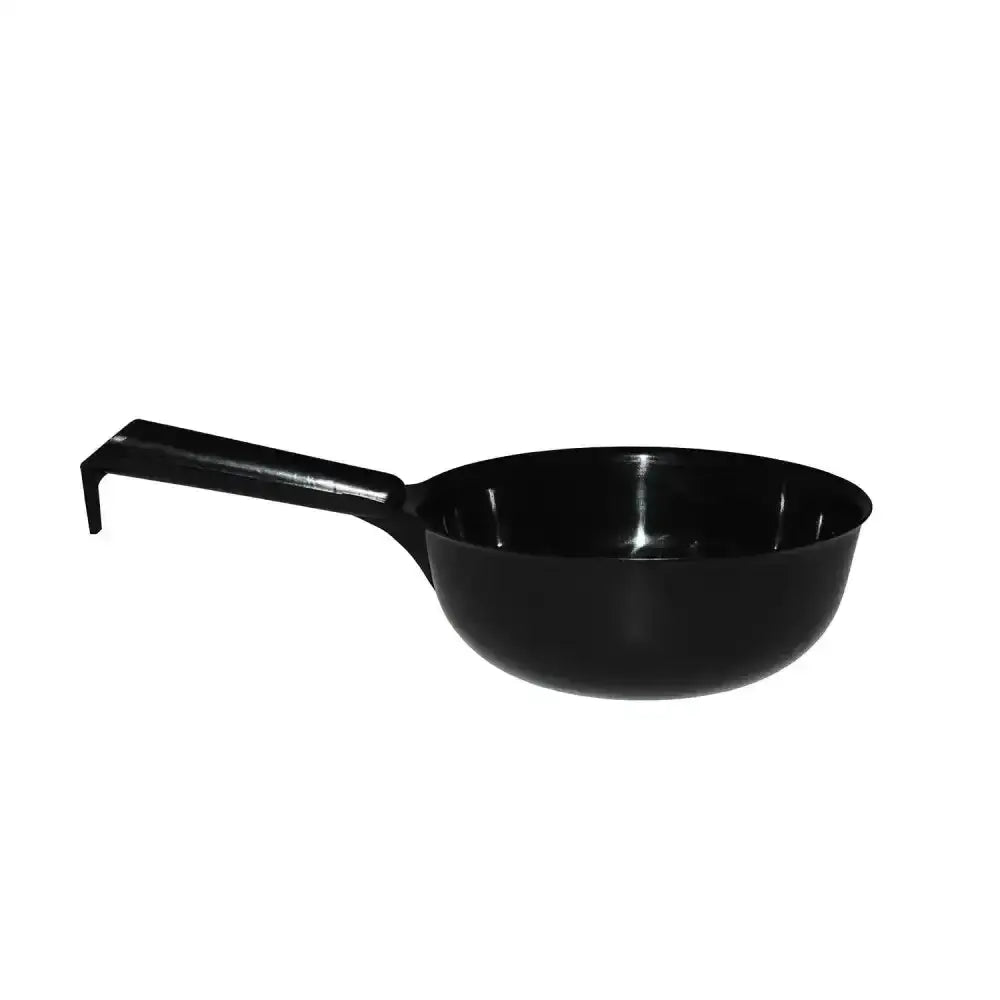Black glossy metal saucepan with curved handle used as red gorilla feed scoop for easy gorilla feed serving