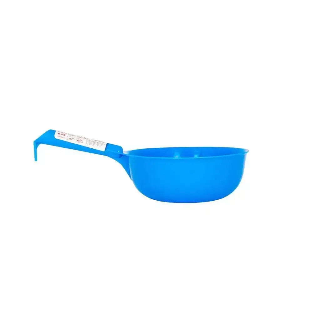Bright blue plastic gorilla feed scoop with curved handle from red gorilla for easy red gorilla feed serving