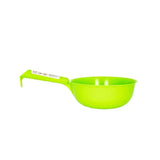 Bright lime green plastic gorilla feed scoop with curved handle for easy feeding from red gorilla feed product