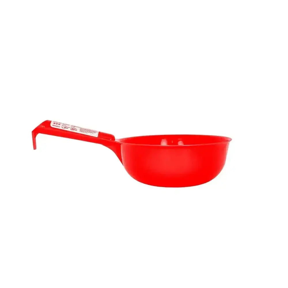 Red plastic gorilla feed scoop with handle for easy measuring of red gorilla feed and supplements