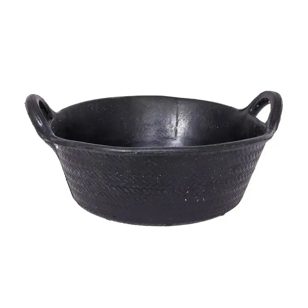 Black cast iron skillet with two looped handles and woven texture, perfect for cooking alongside red gorilla feed skip use