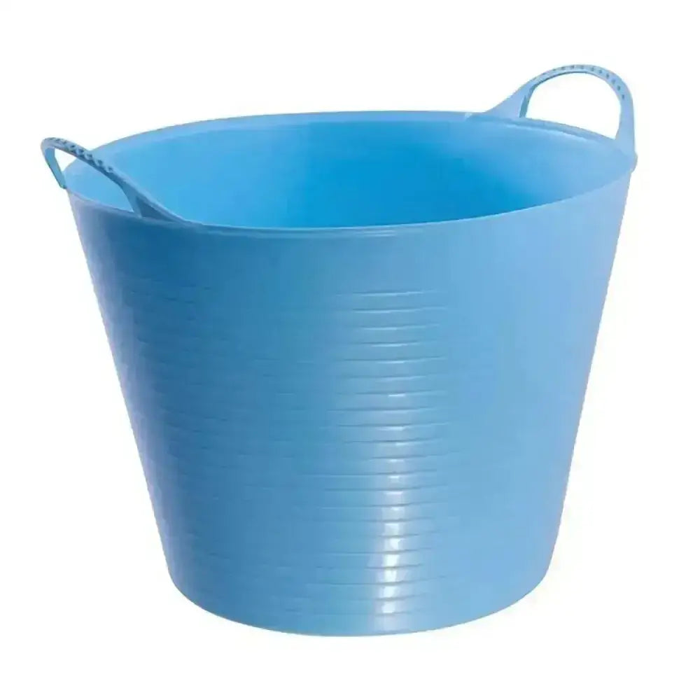 Light blue plastic red gorilla flexible bucket 26l medium with two looped handles and vertical ribbed texture