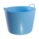 Light blue plastic storage bin with ribbed texture and handles from red gorilla flexible 38l large bucket line