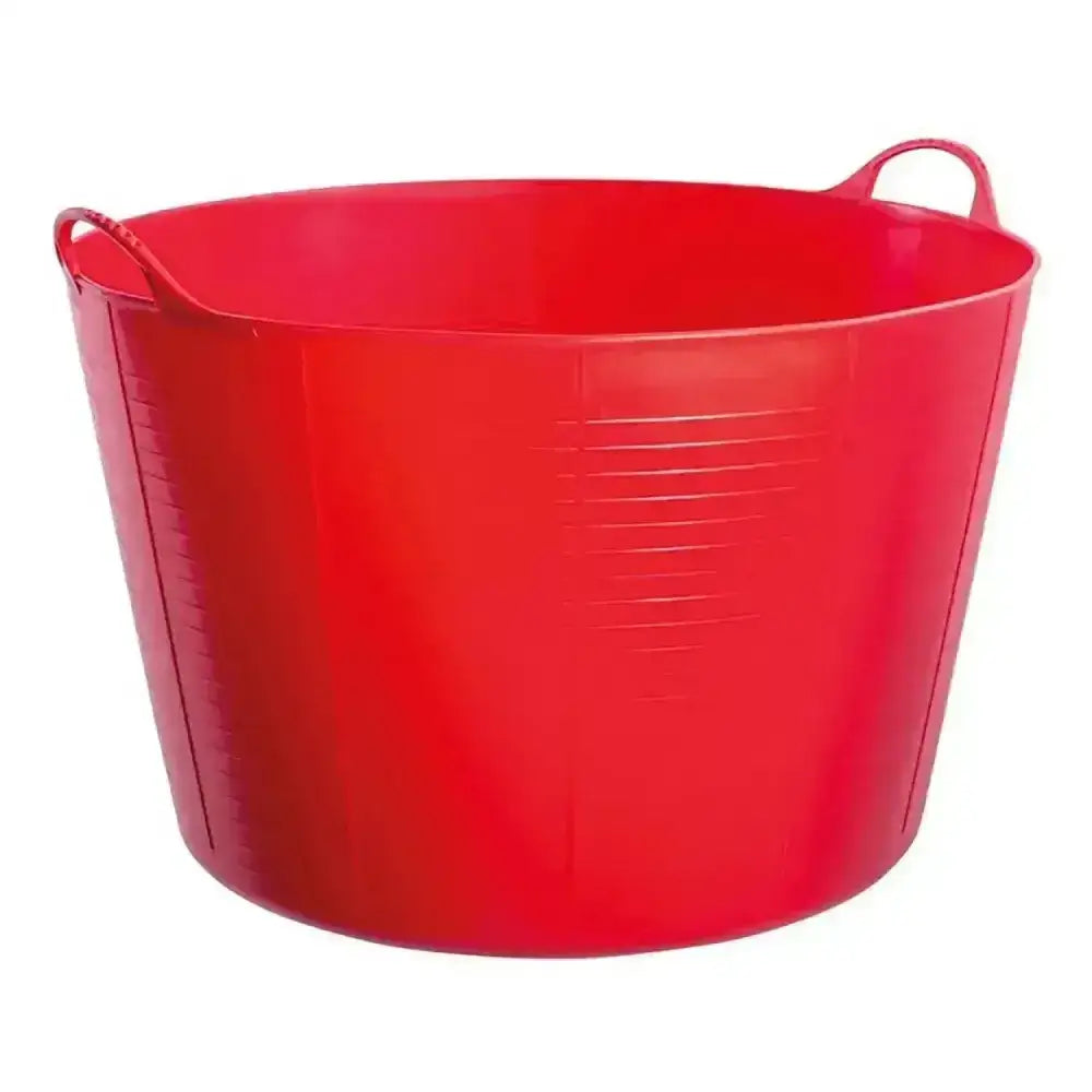 Bright red gorilla flexible 75l bucket made of durable plastic with handles and horizontal ridges for easy carrying