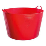 Bright red gorilla flexible 75l bucket made of durable plastic with handles and horizontal ridges for easy carrying