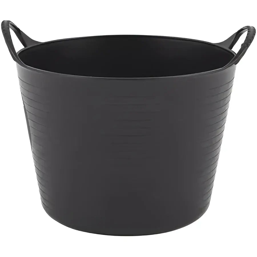 Black plastic bucket with two looped handles and ribbed texture from red gorilla flexible micro tub line