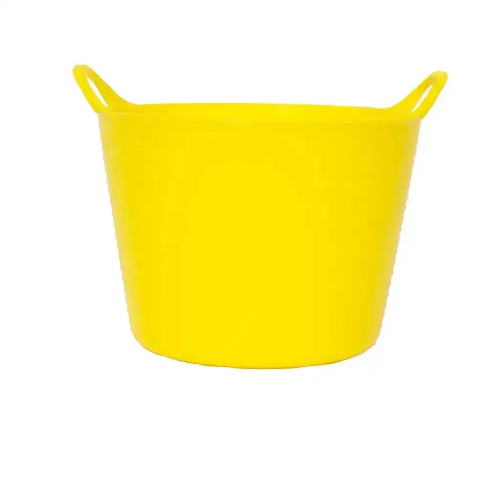 Bright yellow plastic bucket with two handles featured in red gorilla flexible micro tub product line