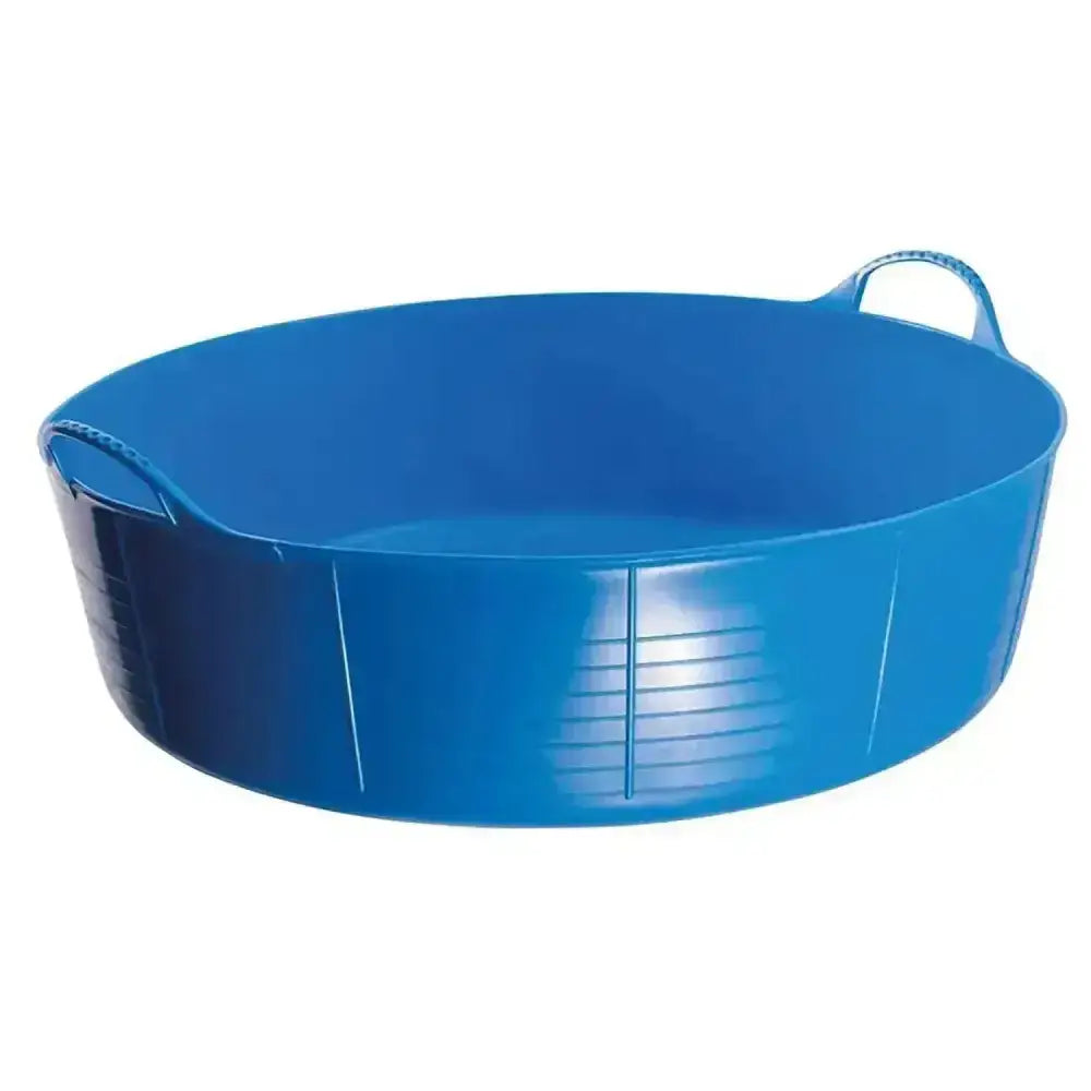 Bright blue plastic utility tub with integrated handles and ribbed sides in red gorilla flexible shallow feed bowls 35l