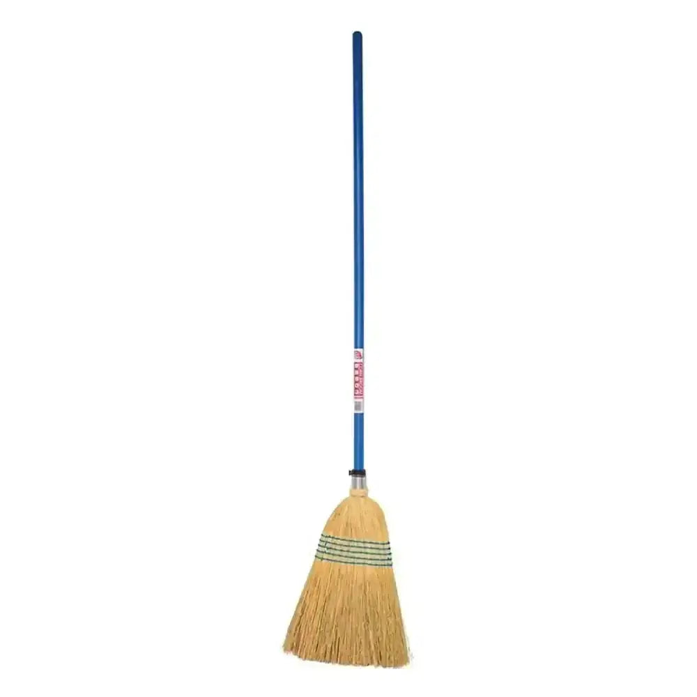 Blue-handled red gorilla natural corn broom standard with shaped head and natural straw bristles with green stripes
