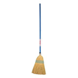 Blue-handled red gorilla natural corn broom standard with shaped head and natural straw bristles with green stripes