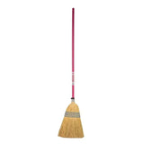 Red gorilla natural corn broom standard with a shaped head, natural tan bristles, and a bright pink handle with black stripes