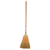 Red gorilla natural corn broom with a shaped head, light brown handle, and tan bristles with orange bands