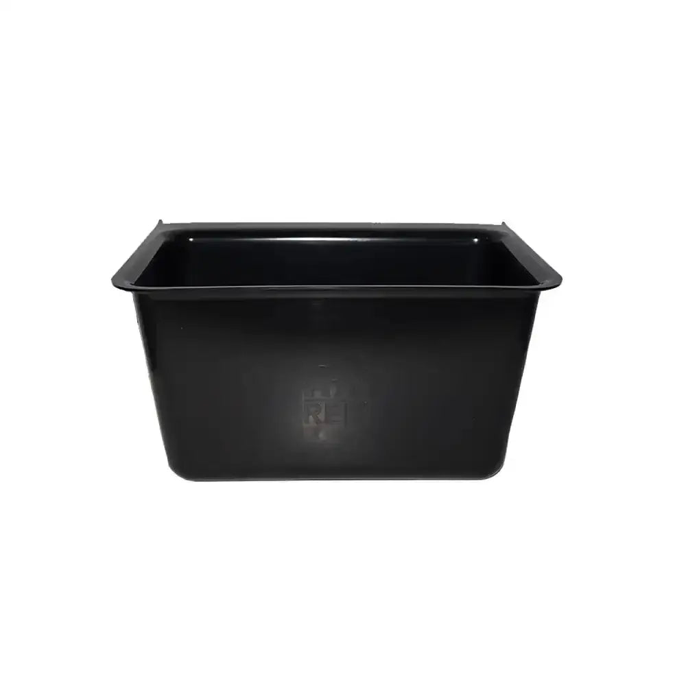Black rectangular plastic food storage container with glossy finish for red gorilla plas manger feed use