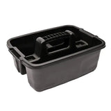 Black plastic tool caddy with integrated handle and side grips from red gorilla plas tote plas tote tray