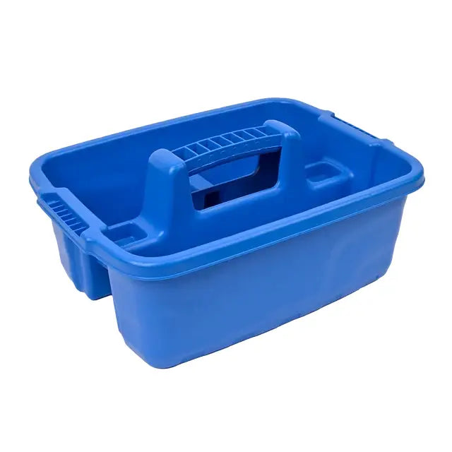 Blue plastic red gorilla plas tote tray with integrated handle and side compartments for easy tool storage