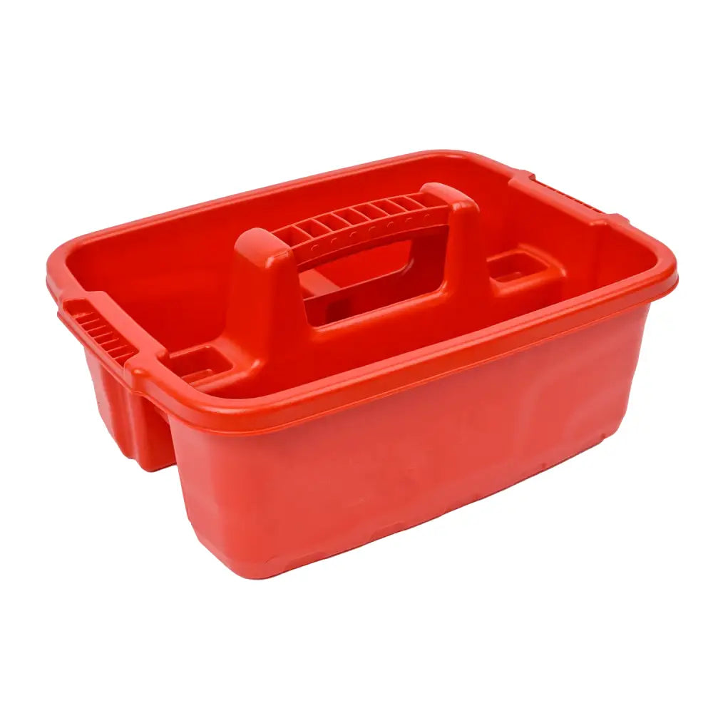 Bright red plastic gorilla plas tote tray with integrated handle and side grips for easy carrying