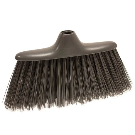 Dark gray plastic yard broom head with dense stiff black bristles from red gorilla poly for tough outdoor use