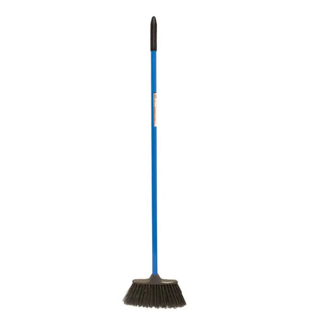 Blue-handled red gorilla poly yard broom with black bristles and textured grip for easy sweeping tasks