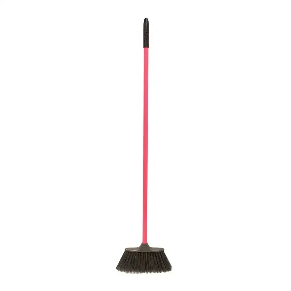 Red gorilla poly yard broom with pink handle black bristles and textured grip for easy sweeping tasks