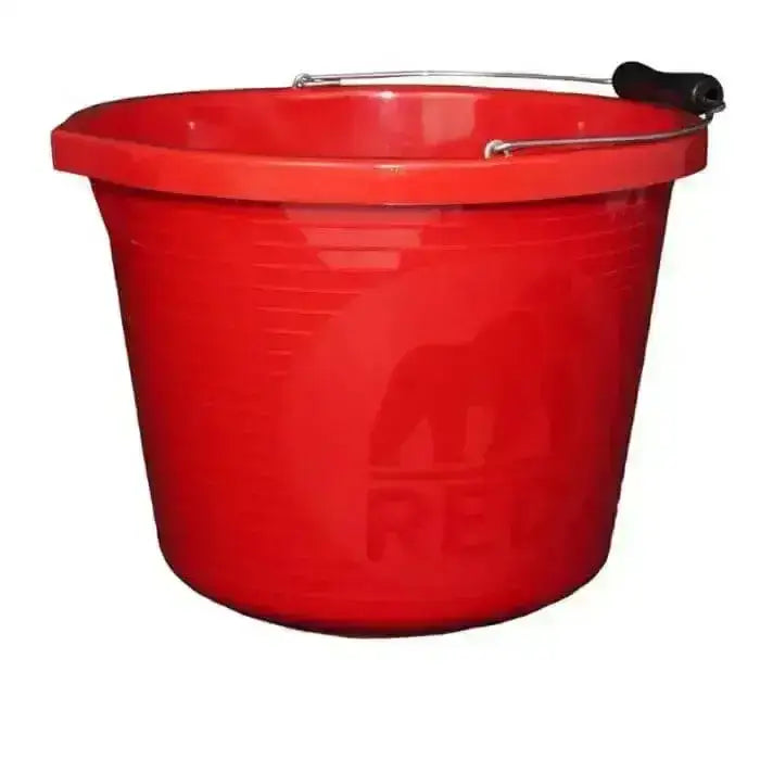 Red gorilla premium red plastic bucket with weather-resistant bucket features and strong metal handle embossed logo