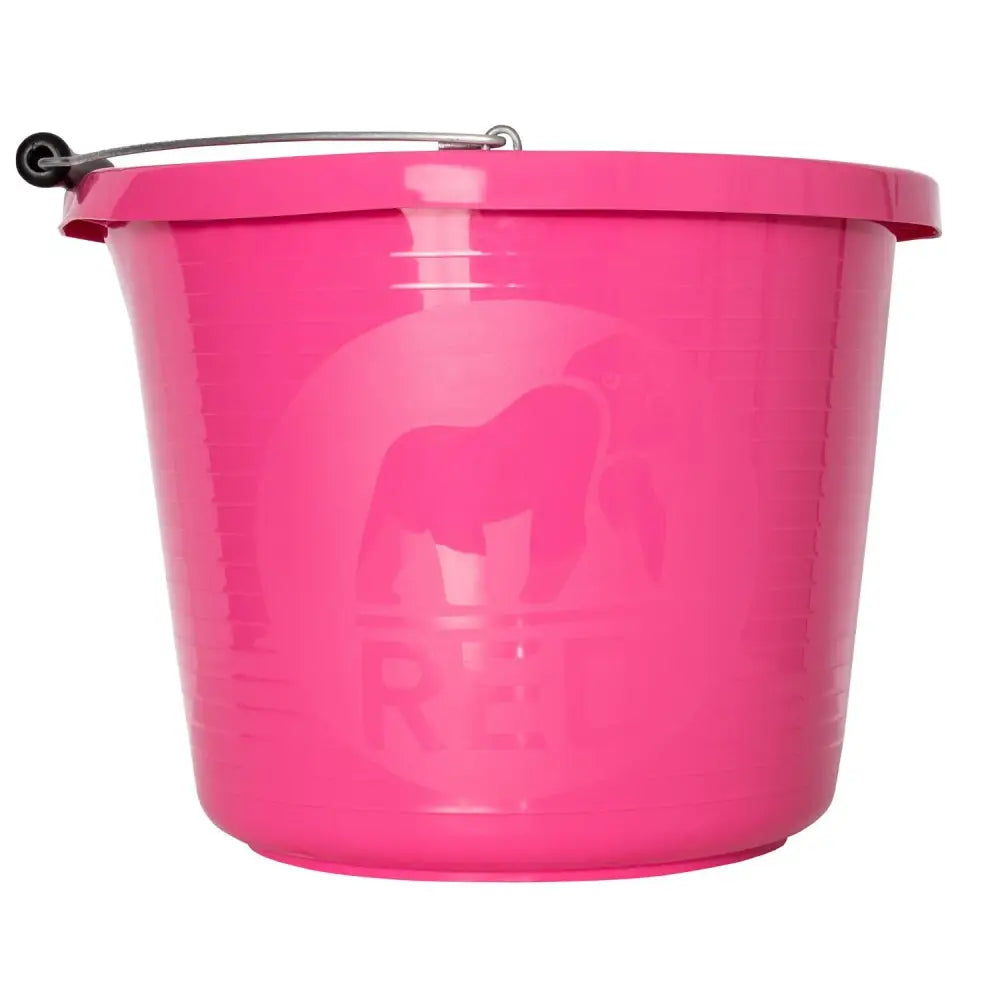 Vibrant pink red gorilla premium bucket with strong metal handle and black rubber grip featuring weather-resistant bucket features