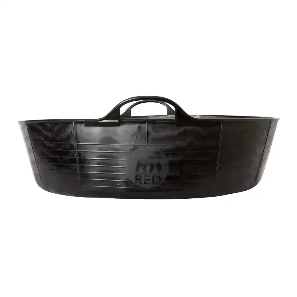 Black plastic pet carrier with handle and embossed logo from red gorilla recycled shallow tub black line