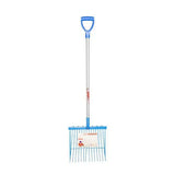 Blue plastic-handled red gorilla riddler fork d-handle with silver metal shaft and unique wavy tines for tough debris removal