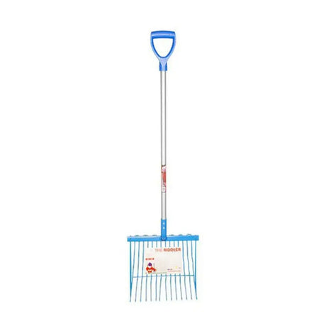 Blue plastic-handled red gorilla riddler fork d-handle with silver metal shaft and unique wavy tines for tough debris removal