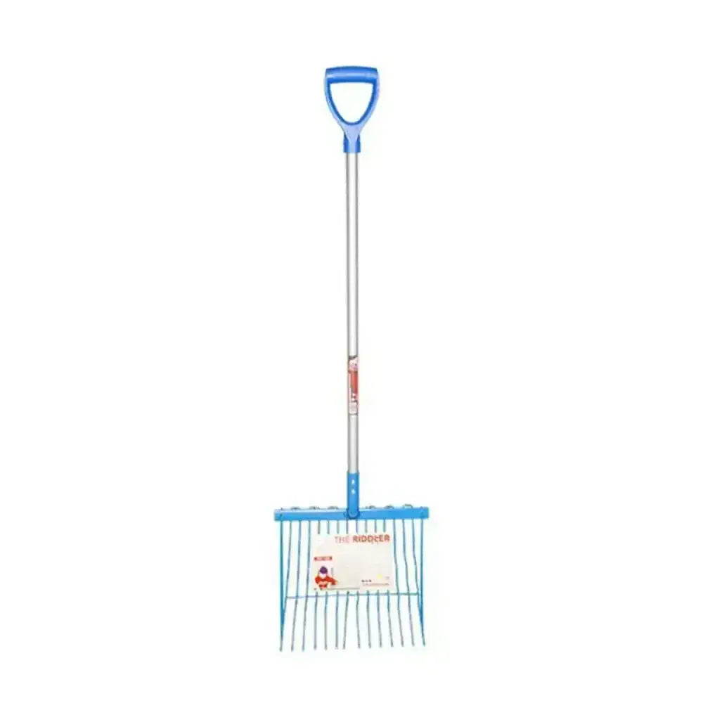 Blue plastic-handled snow shovel with silver shaft and blue mesh blade for red gorilla riddler riddler fork d-handle use