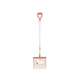 Orange-handled red gorilla riddler fork d-handle snow shovel with silver shaft and white slotted metal blade featuring unique wavy tines