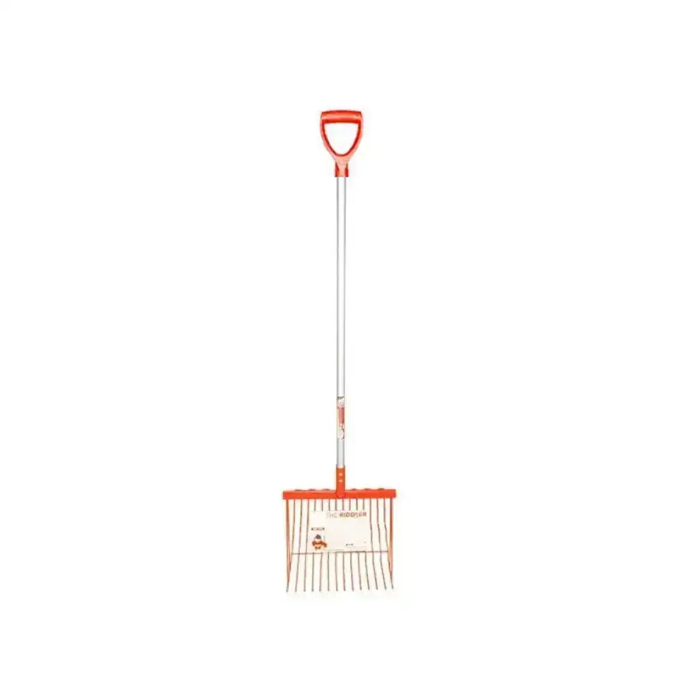 Orange-handled red gorilla riddler fork d-handle with silver shaft and white slotted metal blade with unique wavy tines