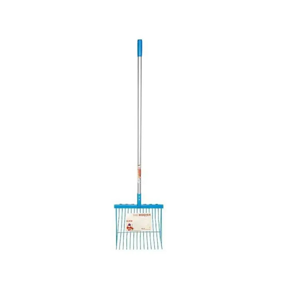 Blue-handled red gorilla riddler fork with sturdy silver shaft and evenly spaced tines for effective digging tasks