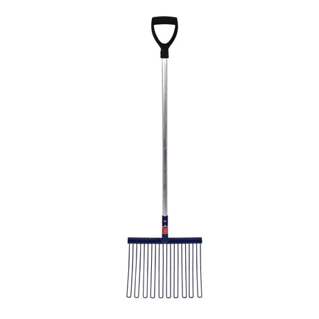 Blue plastic-handled rubber matting fork with silver metal shaft and black grip for red gorilla rubber matting use