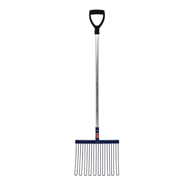 Red gorilla rubber matting fork with blue plastic handle silver metal shaft and black grip for tough rubber matting jobs