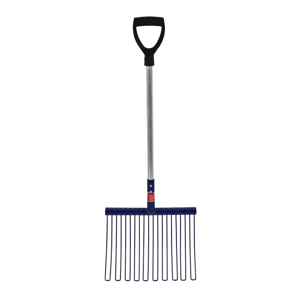Blue plastic rubber matting fork with black d-grip handle and silver shaft for red gorilla rubber matting use