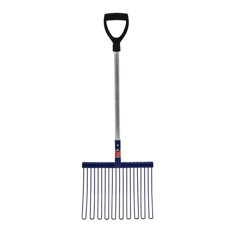 Blue plastic rubber matting fork with black d-grip handle and metal shaft for red gorilla rubber matting use