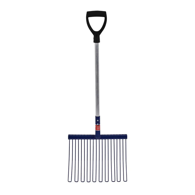 Blue plastic rubber matting fork with black d-grip handle and silver shaft for red gorilla rubber matting use