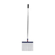 Blue plastic-handled rake with metal shaft and black wire tines for red gorilla rubber matting and equestrian use