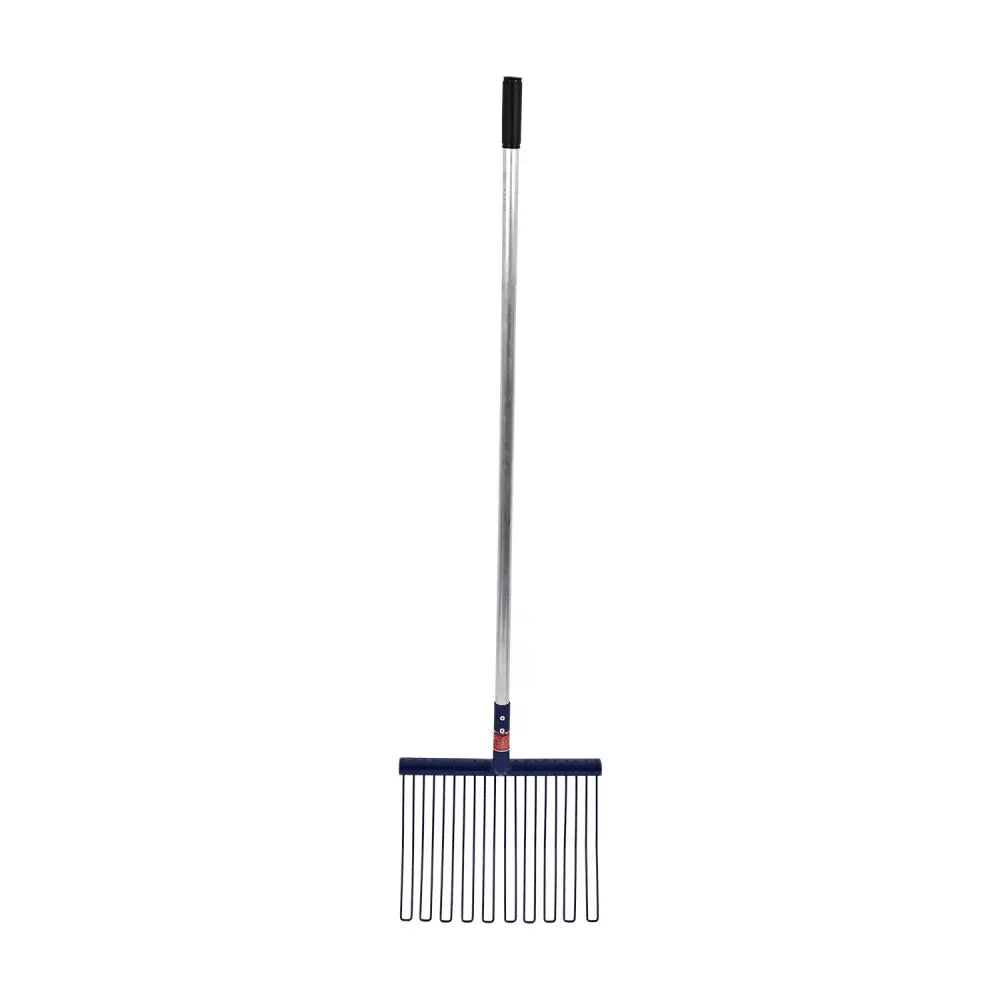 Blue plastic-handled rake with metal shaft and black wire tines for red gorilla rubber matting and equestrian use