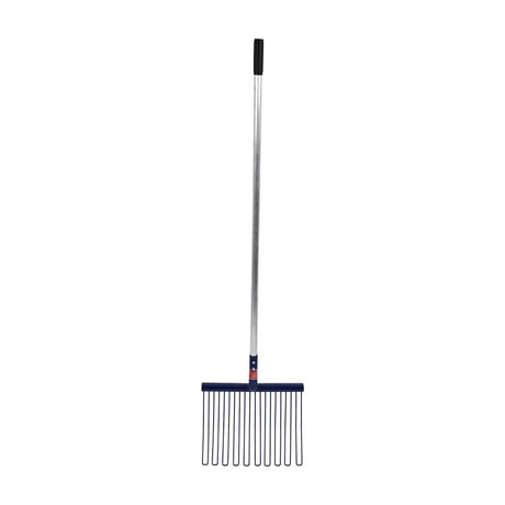 Blue plastic-handled rake with metal shaft and black wire tines for red gorilla rubber matting and equestrian use