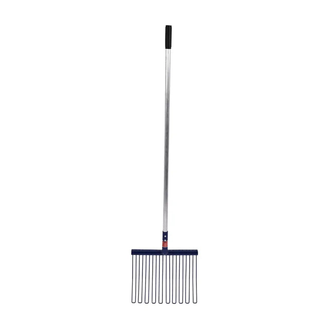 Blue plastic-handled rake with metal shaft and black wire tines for red gorilla rubber matting and equestrian use