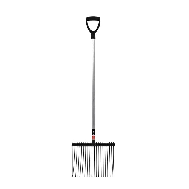 Black plastic handled red gorilla shavings fork with silver metal shaft and thin black tines for easy cleanup