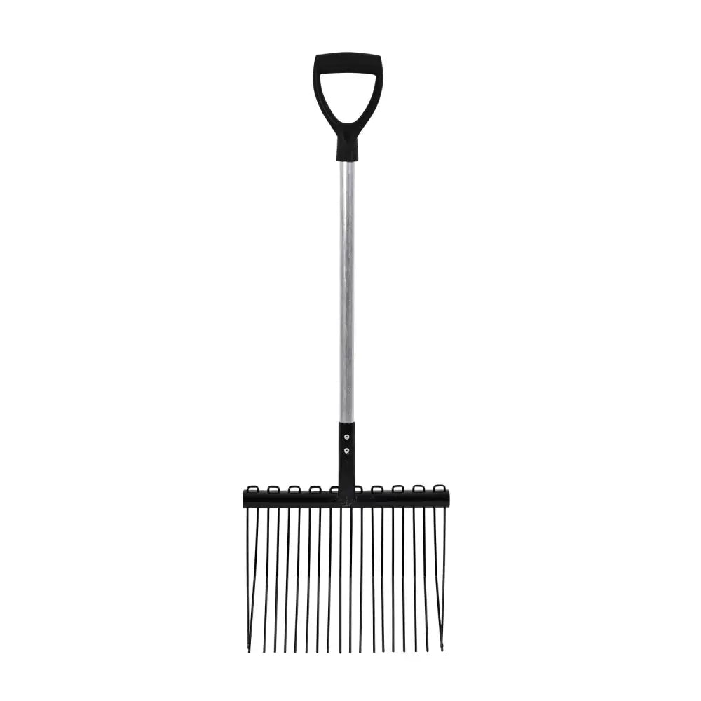 Black plastic handled snow rake with silver metal shaft and thin tines for red gorilla shavings fork d grip short handle