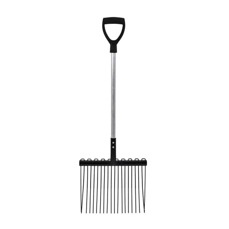 Red gorilla shavings fork with black plastic handle silver metal shaft and thin black tines ideal for shavings cleanup