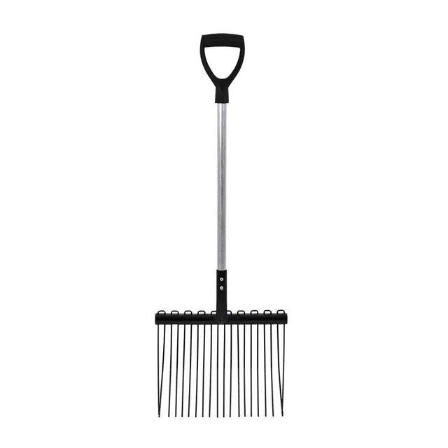 Black plastic handled snow rake with silver metal shaft and thin tines for red gorilla shavings fork d grip short handle
