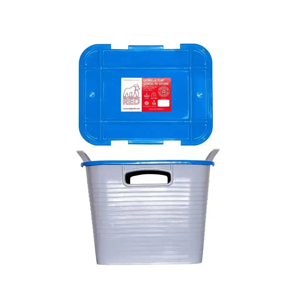 Blue and gray plastic tack storage box with red gorilla stack label is a space-saving storage solution