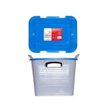 Blue and gray plastic red gorilla stack tack storage box with ribbed sides and handles space-saving storage solution