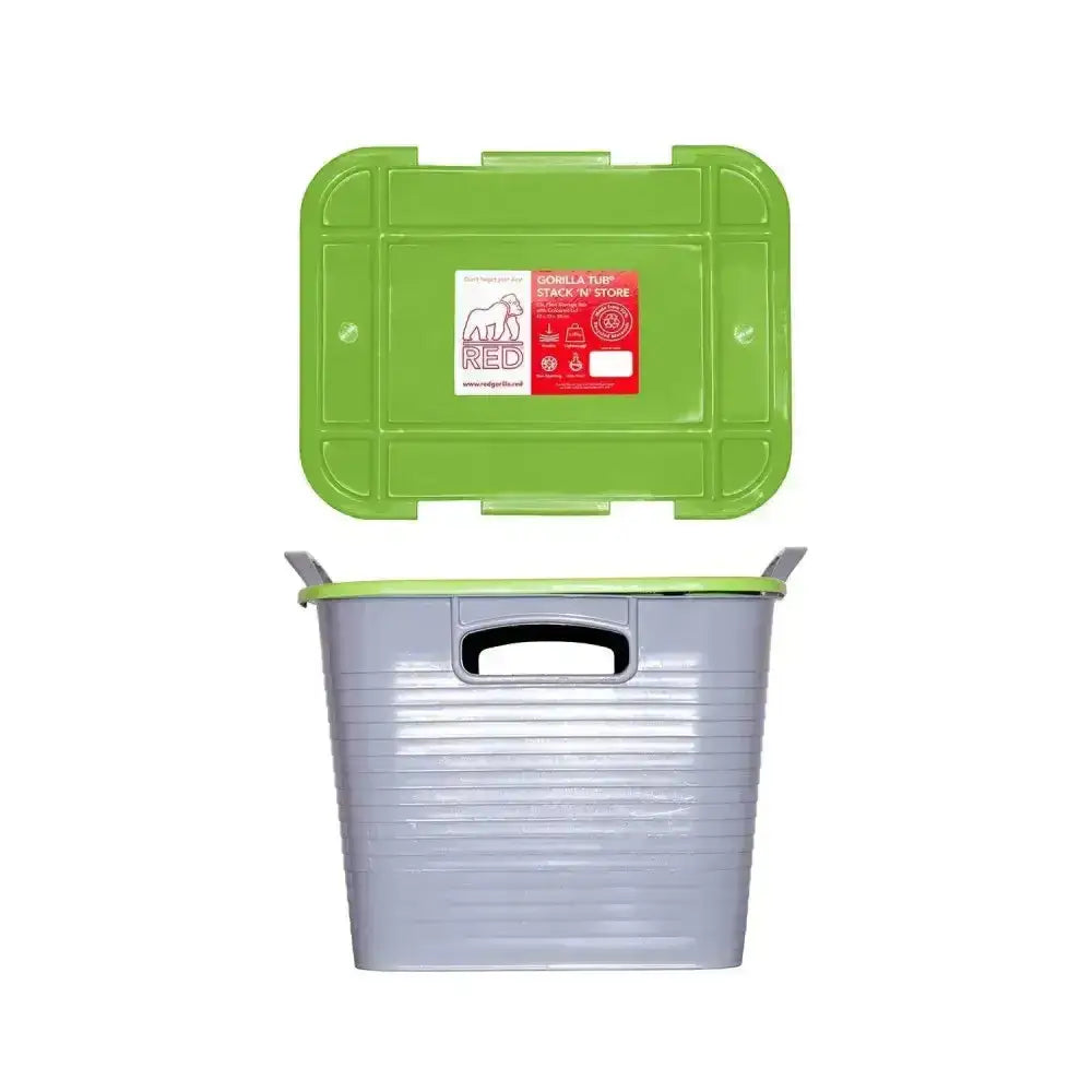 Gray plastic red gorilla stack tack storage box with bright green lid and ribbed sides space-saving storage solution