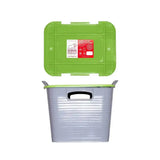 Gray plastic red gorilla stack tack storage box with bright green lid and ribbed sides space-saving storage solution
